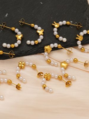 Pearl Contrast Color C- Shaped Advanced All-Match Gold-Plated Earrings for Women Elegant Ear Ring