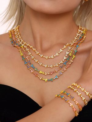 Colorful Dopamine Handmade Inlaid Zircon Clavicle Necklace Exquisite Bracelet Stainless Steel 18K Real Gold Set