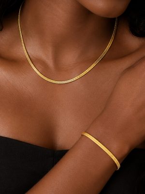 Personalized Flat Snake Bones Chain Collar Stainless Steel Plated 18K Lock Women's Jewelry Set