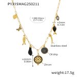 color: P1315-Gold Black Zircon Colored Glaze Multi-charm Necklace