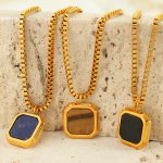 Design Mild Luxury Retro Stainless Steel Lapis Lazuli Black Agate Geometric Square Pendant Tiger Eye Necklace