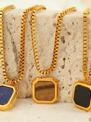Design Mild Luxury Retro Stainless Steel Lapis Lazuli Black Agate Geometric Square Pendant Tiger Eye Necklace