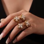 Rotating Super Flash Zircon Four-Petal Flower Necklace Ring Stud Earrings Female Temperament Stainless Steel 18K Gold Set