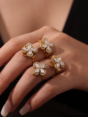 Rotating Super Flash Zircon Four-Petal Flower Necklace Ring Stud Earrings Female Temperament Stainless Steel 18K Gold Set