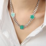 color: P389-Natural Turquoise Steel Color Necklace -42+5cm