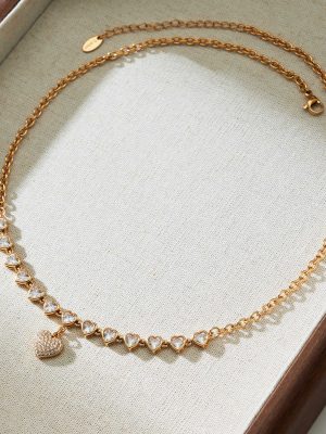 Luxury over Heart-Shaped Zircon Hand-Stitched Twin Clavicle Chain 18K Gold Plating Elegant Exquisite Necklace for Women