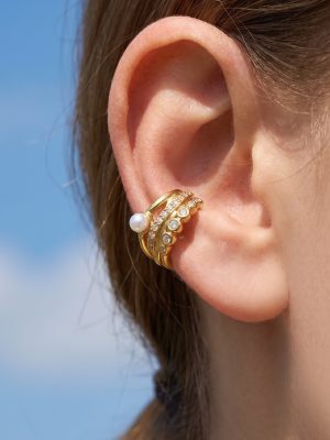 French C- Shaped Women's Shell Pearls Diamond Ear Clip Earrings Stainless Steel 18K Gold Plated Non-Fading Ornament