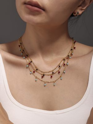 Dopamine Natural Stone Small Bead Handmade Necklace Double Layer Twin Plated Stainless Steel 18K Ornament Female