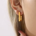 Rectangular Geometry Ear Clip Simple and Cool Stainless Steel Plated 18K Real Gold Does Not Fade Ear Rings