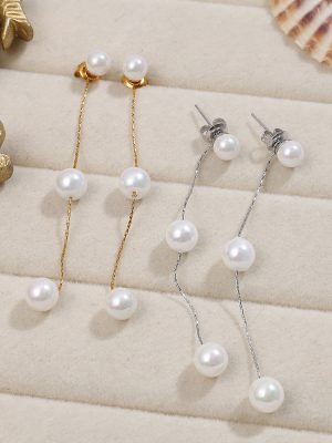 New All-Match Earrings Stainless Steel Micro Glass Bead Golden Long Tassel Design Earrings for Women