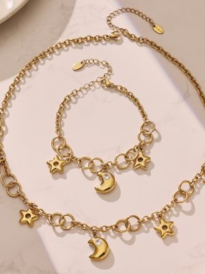 5A Zircon Star and Moon Pendant Stainless Steel Bracelet and Necklace Set Light Luxury Jewelry