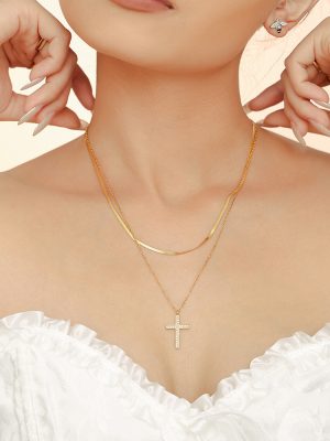 Creative Twill Cross Zircon Pendant Necklace Women's Light Luxury Twin Stainless Steel Clavicle