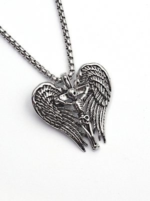 Stainless Steel Angel Wings Skull Pendant Vintage Men's and Women's Cross Necklace Accessories