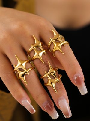 Cross Eight-Pointed Stars Ring Personalized Cold Style Stainless Steel Plated 18K Real Gold for Men and Women Index Finger Ring