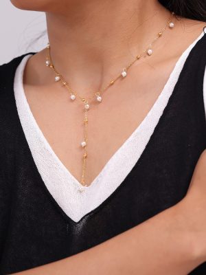 Tassel Necklace Imitation Pearl Pendant Necklace Sweet Elegance Princess 18K Gold Plating Stainless Steel Ornament