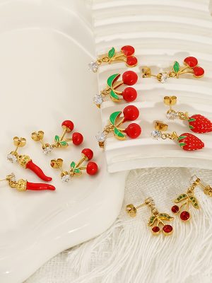New Summer Colorful Oil Necklace Fruit Cherry Zircon Personality All-Match Advanced Stud Earrings for Women