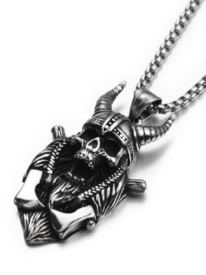 Horn Skull Pearl Chain Necklace Stainless Steel Retro Pendant Ornaments
