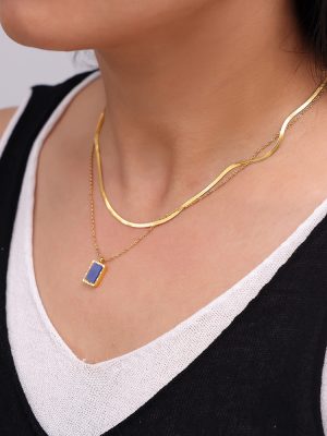 Blue Lapis Lazuli Geometric Square Plate Clavicle Chain Stainless Steel Plated 18K Gold Stacked Necklace Female Anti-Allergy Non-Fading