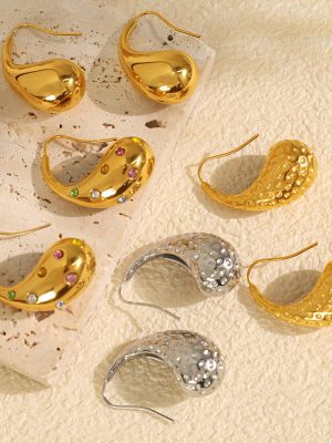 Mild Luxury Retro Water Drop Beating Pattern Earrings 18K Gold Stainless Steel Jewelry Polka Dot Ear Hanging