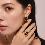 Natural Black Agate Stud Earrings Design Necklace Ring Stainless Steel Plated 18K Real Gold Set