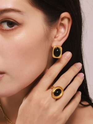 Natural Black Agate Stud Earrings Design Necklace Ring Stainless Steel Plated 18K Real Gold Set