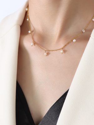 Natural All-Match Retro Ornament Stainless Steel 18K Gold Plated Fresh Water Loose Pearl Necklace Female Clavicle Chain