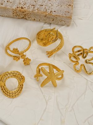 Stainless Steel Double Starfish Mermaid 18K Gold Plating Open Ring Female Senior Adjustable Ring