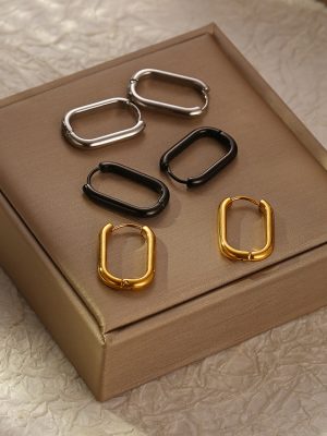 Geometric Oval Stainless Steel Earrings Three-Dimensional Oil Pressure 18K Gold All-Match Ear Jewelry