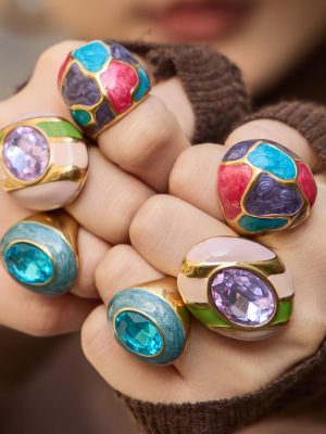 Color Enamel Oval Glass Stone Ring Female Stainless Steel 18K Gold Color Protection Light Luxury Ring