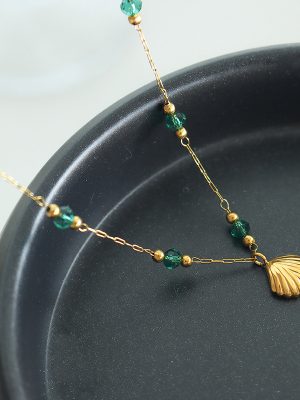 Korean Style All-Match Exquisite Crystal Beads Scallop Pendant Necklace Stainless Steel 18K Gold Plating