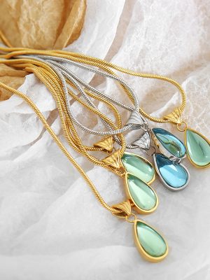 French Retro Olive Green Blue Water Drop Pendant Necklace Women's Non-Fading Design Lover Jewelry
