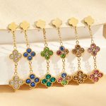 Super Flash Zircon Four-Leaf Flower Eardrops Earrings Light Luxury Stainless Steel Earrings Jewelry for Women 18K Gold Plating
