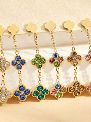 Super Flash Zircon Four-Leaf Flower Eardrops Earrings Light Luxury Stainless Steel Earrings Jewelry for Women 18K Gold Plating