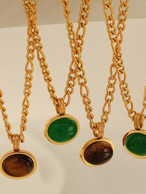 New Chinese Style Stainless Steel Retro Natural Stone Earrings and Necklace Set Advanced Light Luxury