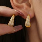 Turquoise Gorgeous Zircon round Ring Earrings Temperament Ear Clip Commuter Earrings Stainless Steel Electroplated 18K Real Gold