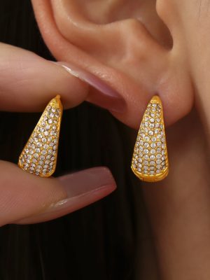Turquoise Gorgeous Zircon round Ring Earrings Temperament Ear Clip Commuter Earrings Stainless Steel Electroplated 18K Real Gold