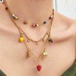 Strawberry Drop Oil Pendant Necklace Stainless Steel Plated 18K Gold Multi-Bracelet Ornament