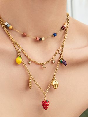 Strawberry Drop Oil Pendant Necklace Stainless Steel Plated 18K Gold Multi-Bracelet Ornament