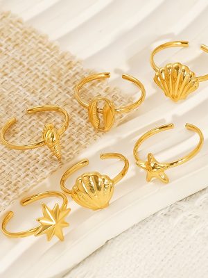 Vacation starfish and scallop ocean-themed open ring, women's versatile high-end adjustable ring.