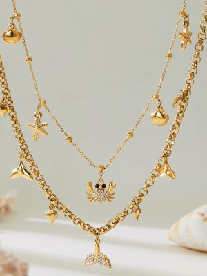 Stainless Steel DIY Multi-Accessories Necklace Beach Full Diamond Crab Fishtail Pendant Twin Clavicle Chain