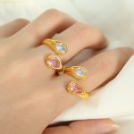 Artistic Retro Stainless Steel Gold-Plated 18K Open Ring Inlaid with Drop-Shaped Two-Color Zircon Design