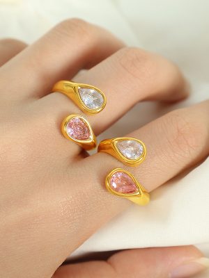 Artistic Retro Stainless Steel Gold-Plated 18K Open Ring Inlaid with Drop-Shaped Two-Color Zircon Design