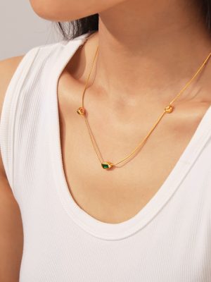 Retro Three-Color Glass Stone Pendant Clavicle Chain Female Light Luxury Twin Stainless Steel Plated 18K Gold Accessories