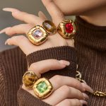 Stainless Steel Colored Glass Tigereye Ring 18K Gold Color Protection Design Mild Luxury Retro Ring