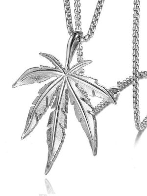 Stainless Steel Ornament Maple Leaf Necklace Hiphop Hip Hop Leaf Silver Pendant for Men