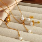 Pearl Necklace and Earrings Suite Simple Design Jewelry Stainless Steel Freshwater Color Retaining Natural