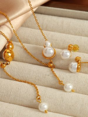 Pearl Necklace and Earrings Suite Simple Design Jewelry Stainless Steel Freshwater Color Retaining Natural