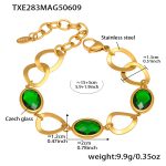 color: TXE283-Gold Green Glass Stone Bracelet 15+5cm