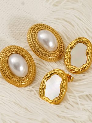 New Retro Easy Matching Stainless Steel Pearl Irregular Oval High-Grade Stud Earrings for Women