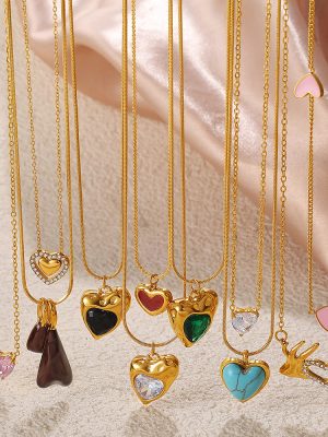 Contrast Color Irregular Heart Pendant Necklace Female Stainless Steel Plated 18K Gold Light Luxury French Style Ornament Female